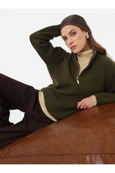 Benin Fermuar Detaylı Triko Kazak - Haki -