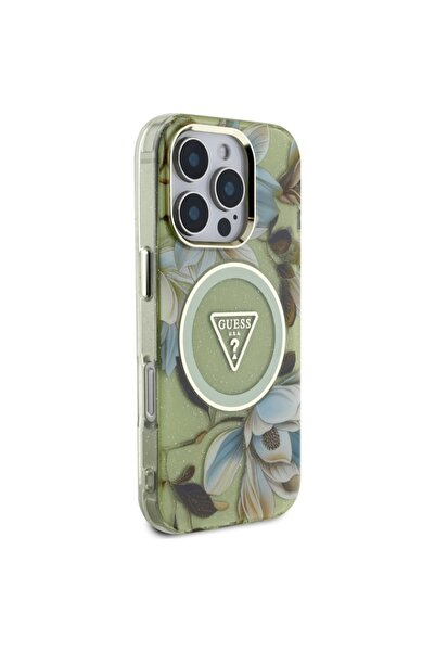 Guess Θήκη για iPhone 16 Pro, IML Flowers με λουράκι Pearl MagSafe, - Πράσινη