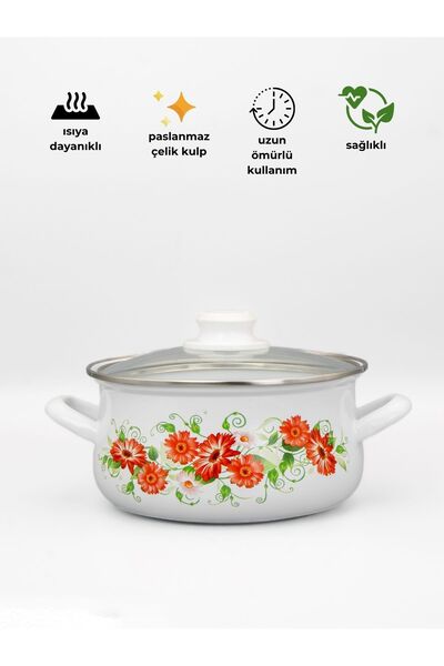 Bonera 22cm Flower Patterned - Single Enamel Casserole Pot with Glass Lid
