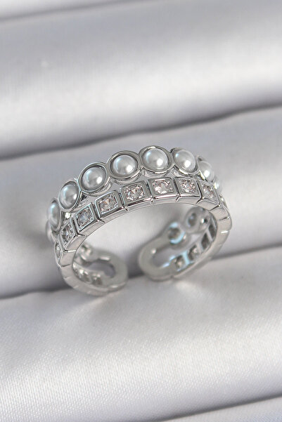 Mustran خاتم نسائي من النحاس الفضي اللون مكون من صفين من حجر الزركون واللؤلؤ ...