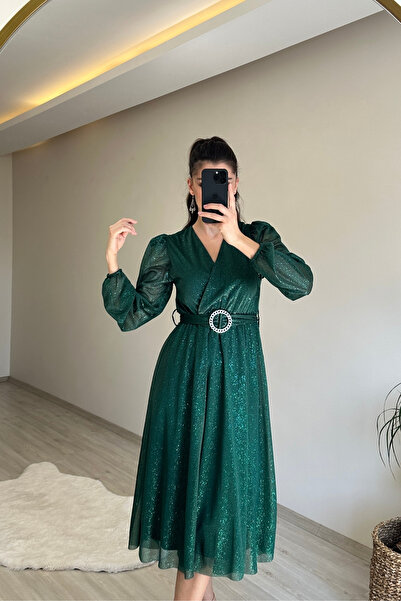 Neşeli Butik Women Double Breasted Collar Buckle Midi Length Sparkly Dress Nm009