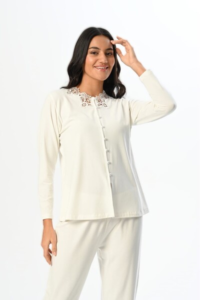 Pelin Women's Gray Lace Detailed Maternity 3-Piece Pajama Set