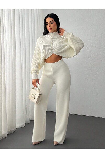 MARLİNG Set de tricotaje pentru femei, pantaloni crop albi, sus și jos