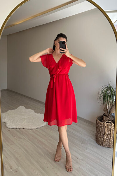 Neşeli Butik Women V-Neck Belted Mini Chiffon Dress Nm007