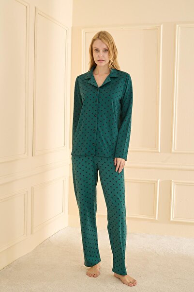Kompedan Kadın Sandy Genç Önden Düğmeli Pijama Takımı | Yeşil 19103-561