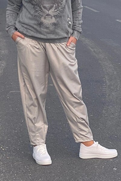 Mia Butik Plus Size Light Gray Leather Look Balloon Pants