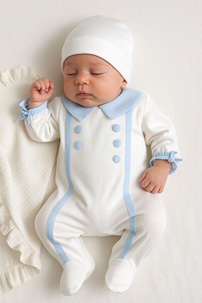 Hobidik Baby طقم رومبير للأطفال الذكور باللون الأزرق الفاتح مع تفاصيل أزرار أ...