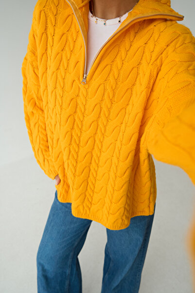 Lupies Women's Dark Yellow Turtleneck Zippered Knitted Oversize Sweater