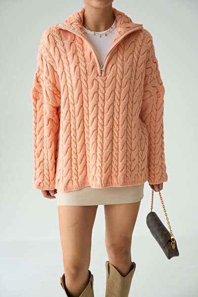 Lupies Kadın Somon Balıkçı Yaka Fermuarlı Örgülü Oversize Triko Kazak