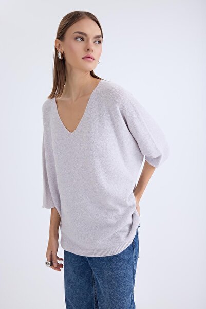 Vitrin V Yaka Yarım Kol Simli Salaş Bluz