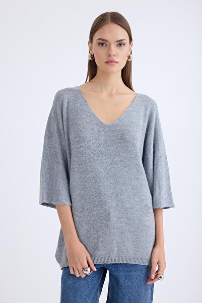 Vitrin V Yaka Yarım Kol Simli Salaş Bluz