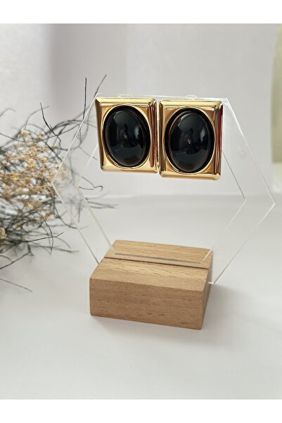 mibrillo Trendy Earrings with Black Stone Details on Gold Plate