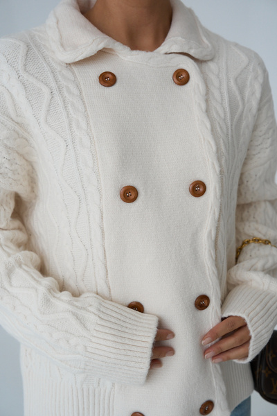 Lupies Women's Cream Double Breasted Knitted Pattern Buttoned Knitwear Cardigan