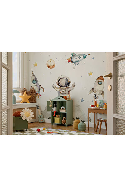 Tasarım Ay ve Astronot Uzay Boşluğu Yıldızlar Uzay Mekiği Füze Sıcak Renkler Çocuk Odası Duvar Kağıdı