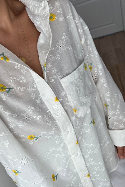 studio fashion 1988 Women's White Yellow Tiny Floral Embroidered Fisto Cotton Shirt