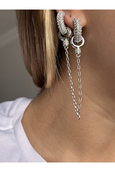 mysteriajewelry Özel Seri Gümüş Renk Zirkon Taş Detaylı Küpe (ZİNCİRLİ VEYA SADE KULLANIM)