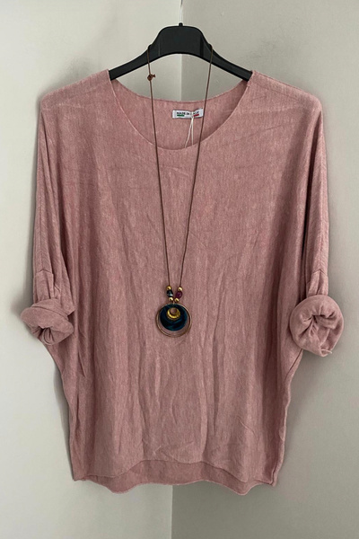 AYASOFYA OTANTIK Women's Italian Powder Casual Knitwear Blouse with Necklace Accessories