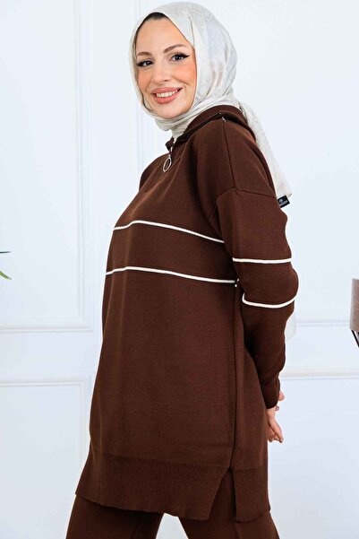 benguen Striped Knitwear Set with Zipper Collar S1050 Brown