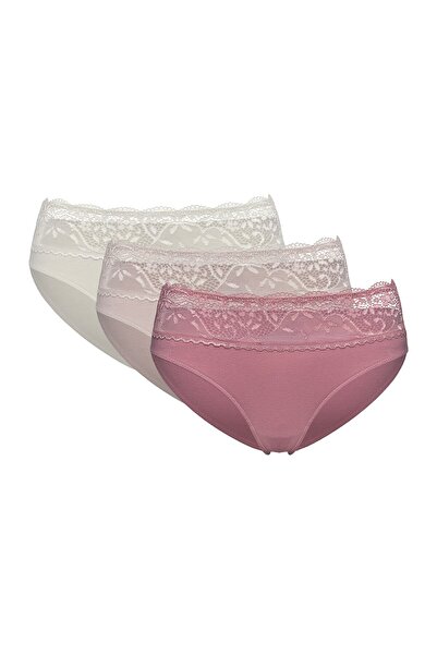 ESOTIQ Women's High Waist Brief 3-Pack Classic Panties with Lace Waistband Cotton & Elastane | Plum