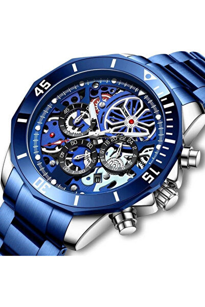 Lige Ceas bărbătesc de lux cu cuarț, cronograf analogic, schelet, business, albastru