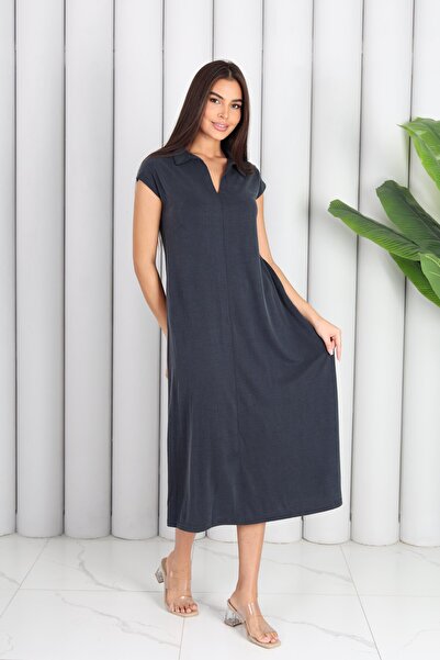 YEK&BİR rochie maxi cu mâneci scurte cu guler polo și buzunare