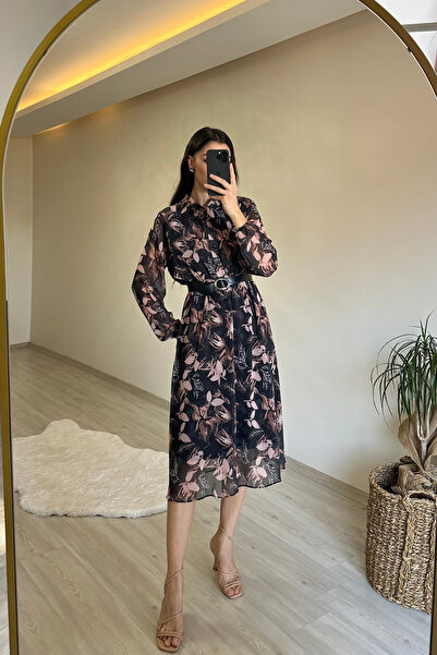 Neşeli Butik γυναικείο φόρεμα με στάμπα με γιακά πουκάμισο midi NM011