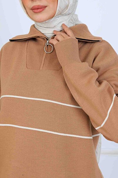 benguen Striped Knitwear Set with Zipper Collar S1050 Mink