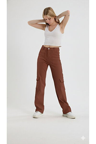 By Caspita Fashion Women's High Waist Wide Leg Brown Cargo Pocket Pants Jeans