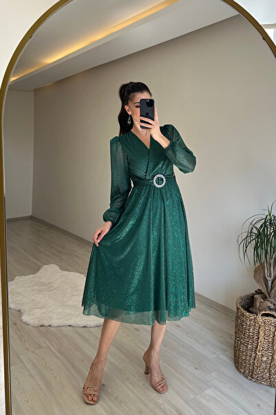 Neşeli Butik γυναικείο φόρεμα με διπλό γιακά με αγκράφα με μήκος μίντι με λάμψη NM009