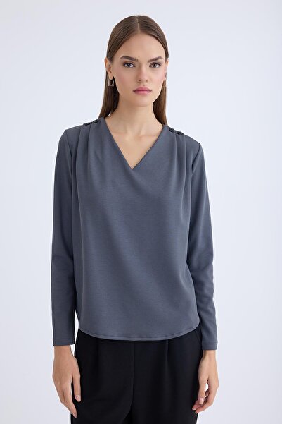 Vitrin V Yaka Omuzu Düğmeli Uzun Kol Bluz