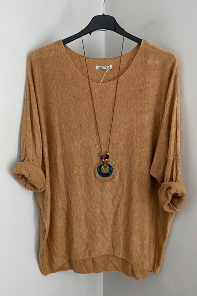 AYASOFYA OTANTIK Γυναικεία ιταλική μπλούζα καπουτσίνο casual πλεκτό με αξεσουάρ κολιέ