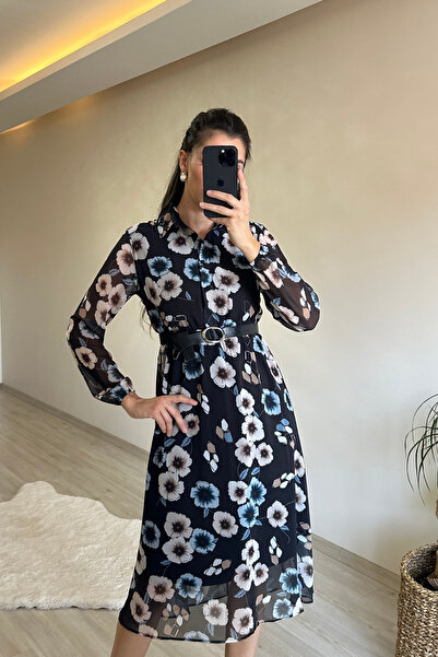 Neşeli Butik Women's Patterned Shirt Collar Midi Dress Nm011