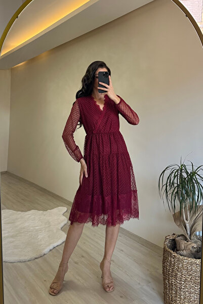 Neşeli Butik Women Double Breasted Collar Lace Tulle Dress Nm010