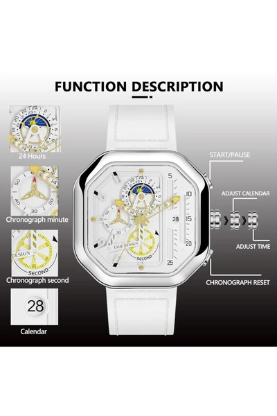 Lige Men's Watch Octagon Leather Chronograph Date White