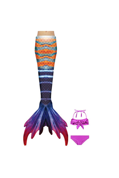 THK Set costum de baie sirenă Ariel, 3 piese, Coral/Mov, top, slip și coadă -...