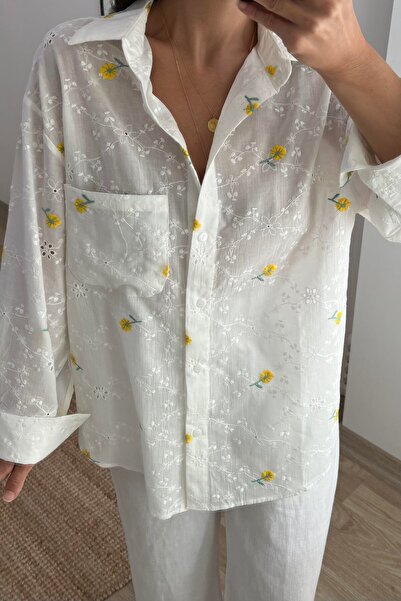 studio fashion 1988 Women's White Yellow Tiny Floral Embroidered Fisto Cotton Shirt