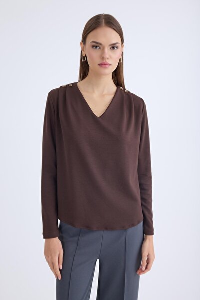 Vitrin V Yaka Omuzu Düğmeli Uzun Kol Bluz