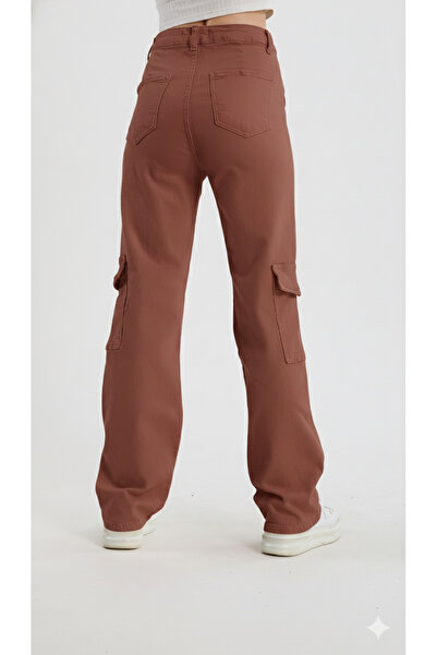 By Caspita Fashion Women's High Waist Wide Leg Brown Cargo Pocket Pants Jeans