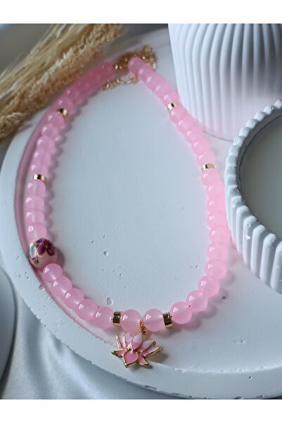 La fee aksesuar قلادة زهرة اللوتس الوردية من الخرز الزجاجي البورسلين، قلادة نسائية مصنوعة يدويًا