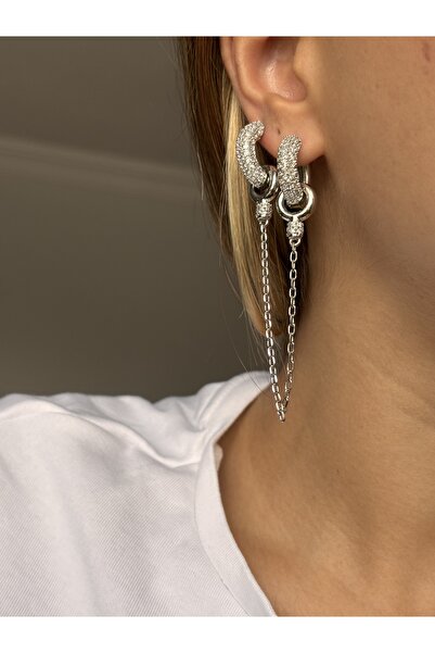mysteriajewelry Özel Seri Gümüş Renk Zirkon Taş Detaylı Küpe (ZİNCİRLİ VEYA SADE KULLANIM)