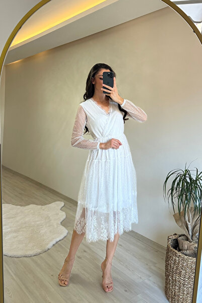 Neşeli Butik rochie de damă cu decolteu dublu din tul cu dantelă NM010