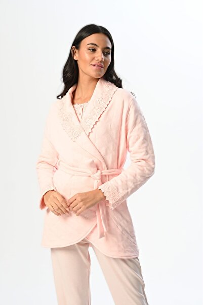 Pelin طقم بيجامة نسائي مكون من 3 قطع بياقة شال مزينة بالدانتيل للحوامل