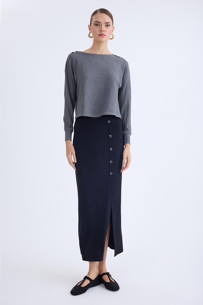 Vitrin Önü Düğmeli Midi Boy Fitilli Etek