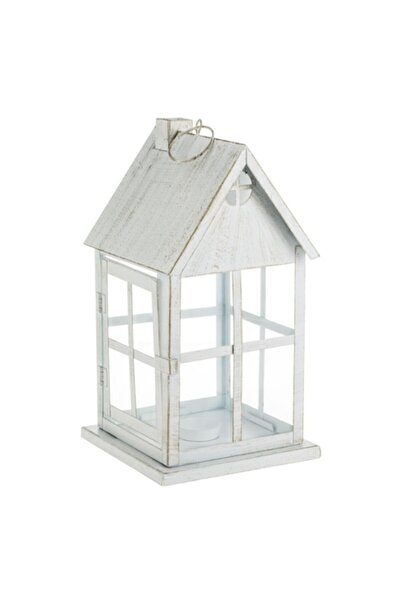 SHOPIENS Felinar decorativ, model de casă, metalic, auriu alb periat, 16x16x30cm