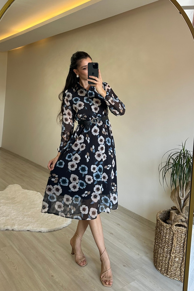 Neşeli Butik Women's Patterned Shirt Collar Midi Dress Nm011