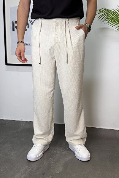 ROY501 Erkek Kadife Baggy Pantolon Erkek Fitilli Kadife Baggy Pantolon Pileli Geniş Paça Kadife Pantolon