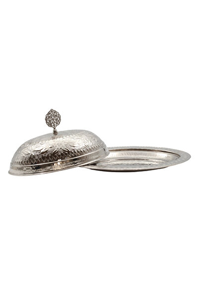 ANTEPSEPETİ Silver Plated Copper Engraved Oval Sahan (37 cm)
