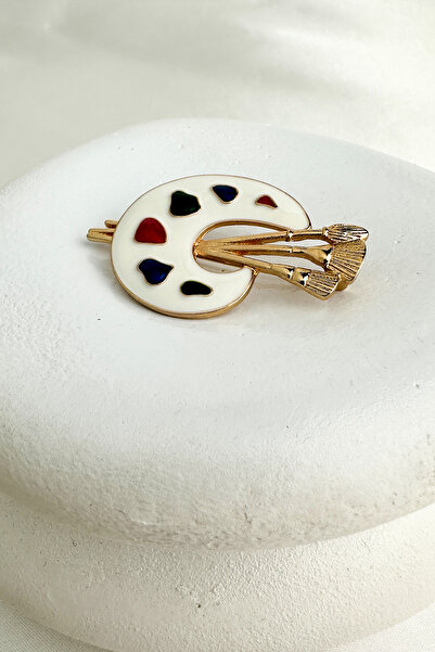 Modex Altın Rengi Fırça Detay Renkli Mineli Palet Broş (5cm)