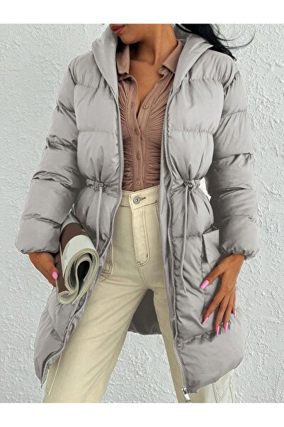 Ceylen Detaliu cu șireturi în talie cu glugă Palton gonflabil