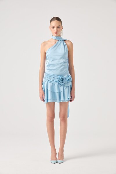 HOLLY LOLLY Kemerli Mini Saten Giana Elbise Mavi